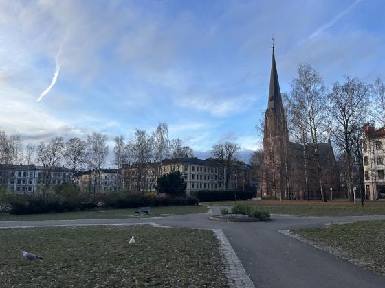 Birkelunden med blokker og kirke i bakgrunnen 