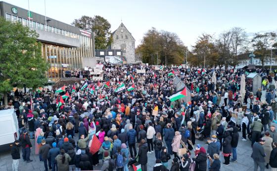 Mange 100 mennesker er samlet i stavanger for å protestere mot Green Mountain og vise støtte til Palestina.