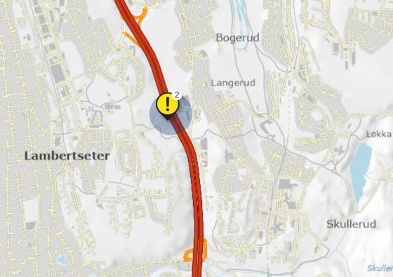 To ulykker markert på Statens vegvesens kart over trafikkuhell