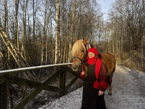 Dame med hest på en bro