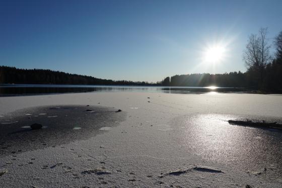 Frosten begynner å legge seg på Sognsvann. Solen skinner. 