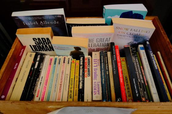 B&oslash;ker i en treboks tatt i froskeperspektiv.