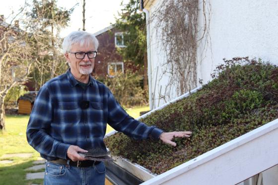 mann som viser frem et gr&oslash;nt tak 