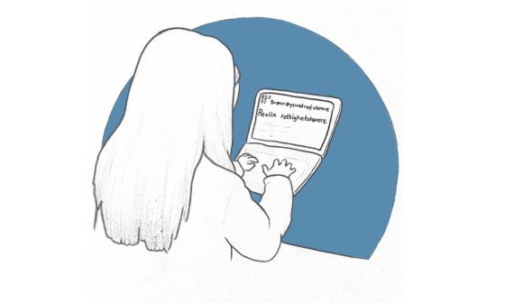Tegning av noen som skriver p&aring; pcen. P&aring; pcen st&aring;r det Br&oslash;nn&oslash;ysundregistrene og Reelle rettighetshavere. 