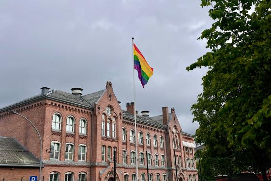 Prideflagg i en skoleg&aring;rd.