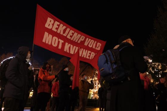 Demonstranter som holder plakat med teksten: "Bekjemp vold mot kvinner!"