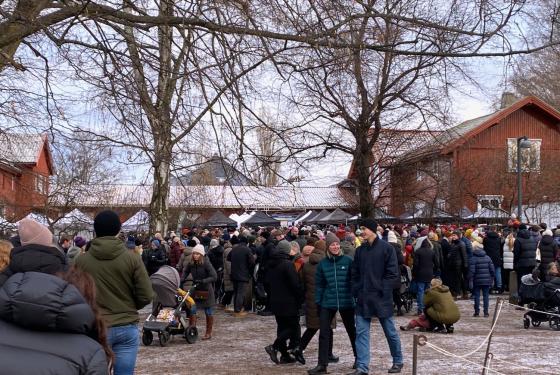 Bildet viser julemarkedet i Botanisk Hage. Det er mange folk som vandrer rundt, og vi kan se taket på bodene bak dem.