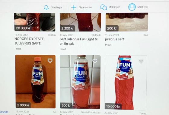 Bilete av annonser med julebrussaft på Finn.no. 