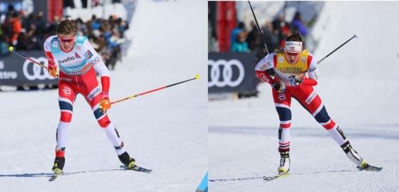 Johannes Høsflot Klæbo og Maiken Caspersen Falla går på ski.