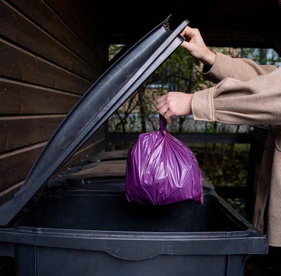 Lilla avfallspose og søppeldunk