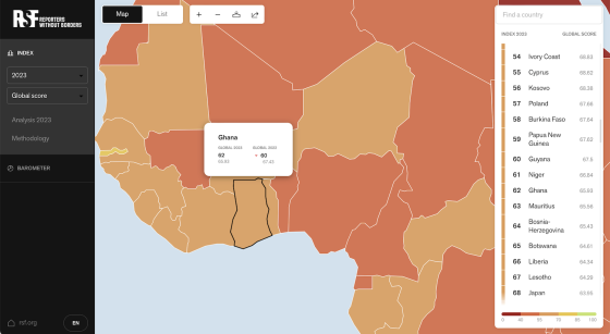 Kart over Afrika viser at pressefriheten i Ghana har gått ned fra ca. 67,5 til ca. 66 på indeksen til Reportere uten grenser