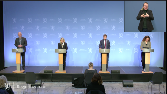 Pressekonferanse om koronasituasjonen med Bjørn Guldevog, Monica Mæland, Bent Høie og Camilla Stoltenberg. 