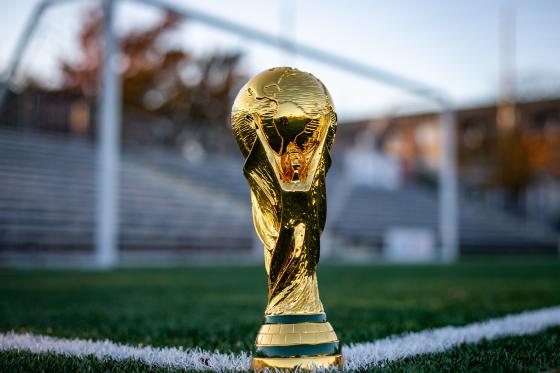 VM-trofeet plassert på toppen av en av de hvite linjene på en fotballbane, med uklar bakgrunn.