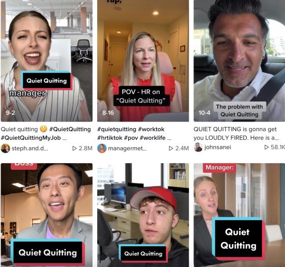 Skjermdump fra Tiktok viser at det pågår en stor debatt om quiet quitting i arbeidslivet. 