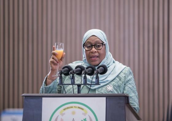 Første kvinnelige president Samia Hassan Suluhu av Tanzania poserer for kameraet