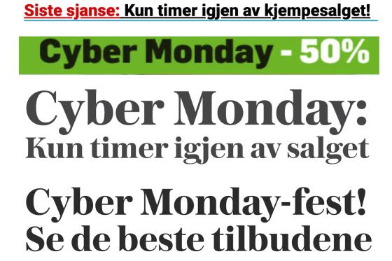 Et utvalg av annonsøroverskrifter for Cyber Monday.