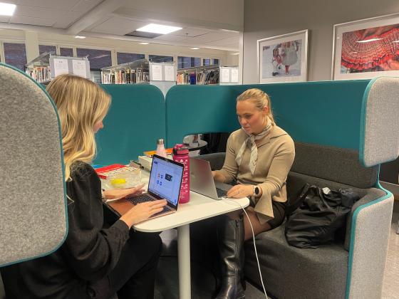 to jenter som sitter og studerer på biblioteket på OsloMet.