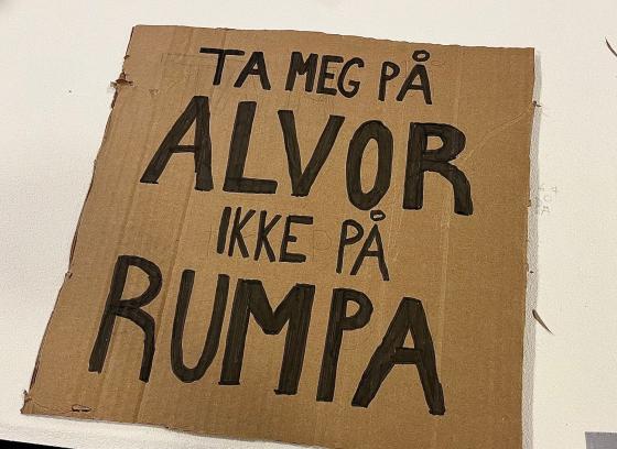 Bildet viser tursmarkert papp hvor det står "Ta meg på alvor ikke på rumpa"