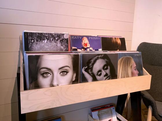 Trym har et stativ fylt opp med vinylplater i stua