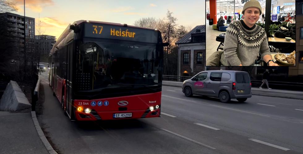 Bilde av en rutebuss, med et innlimt bilde av en smilende mann øverst i høyre hjørne.