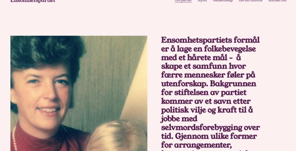 Forsiden av ensomhetspartiets nettside. 