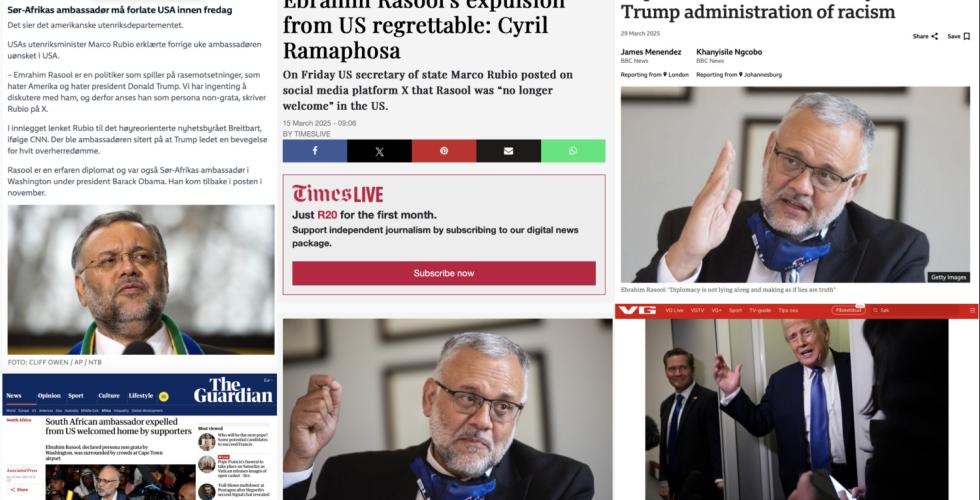 Skjermdump fra avisene NRK, The Guardian, TimesLIVE, BBC og VG som skriver om hendelsen