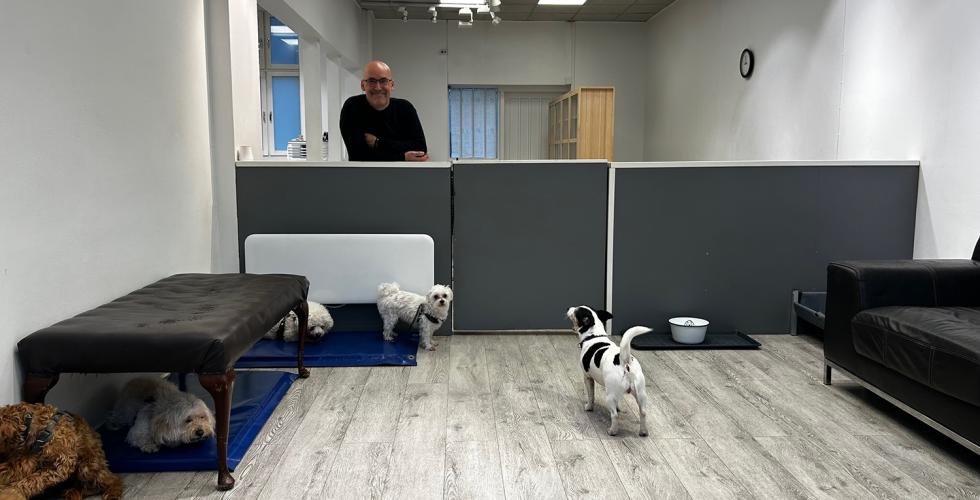 Her er Johnny med hundene i hundebarnehagen.