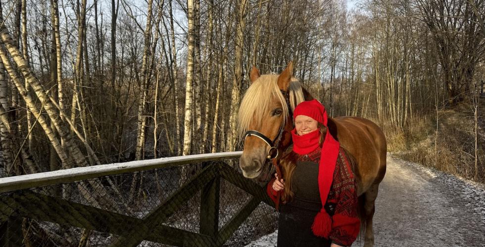 Dame med hest på en bro