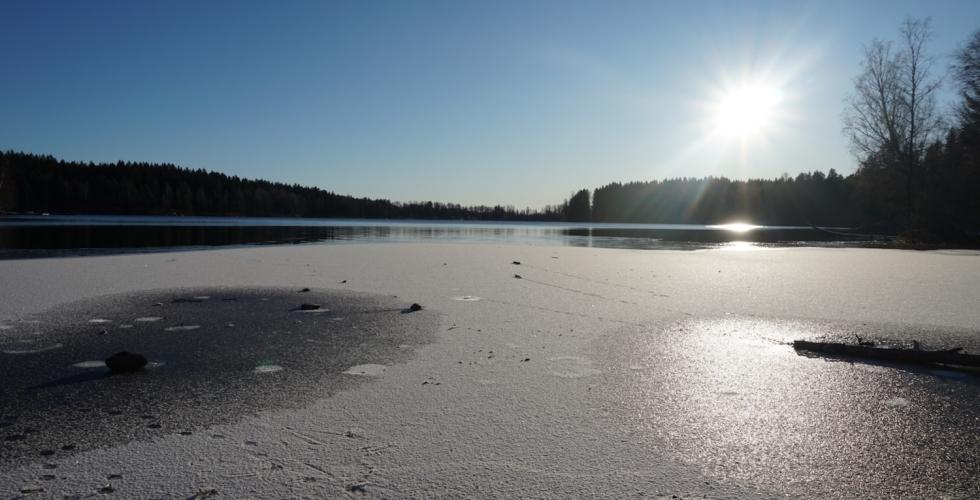 Frosten begynner å legge seg på Sognsvann. Solen skinner. 
