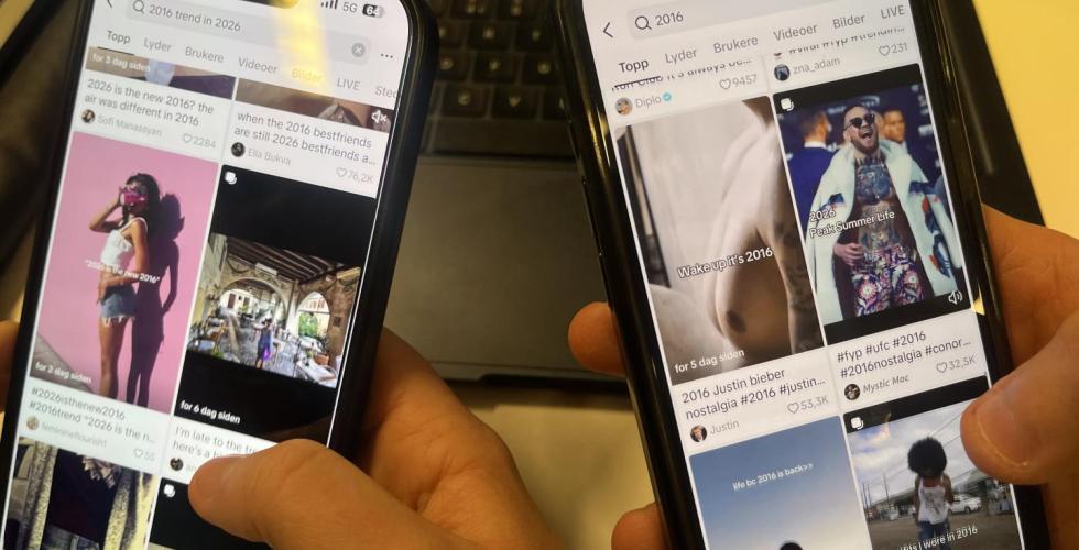 Ser to mobiler som scroler p&aring; 2016 innhold