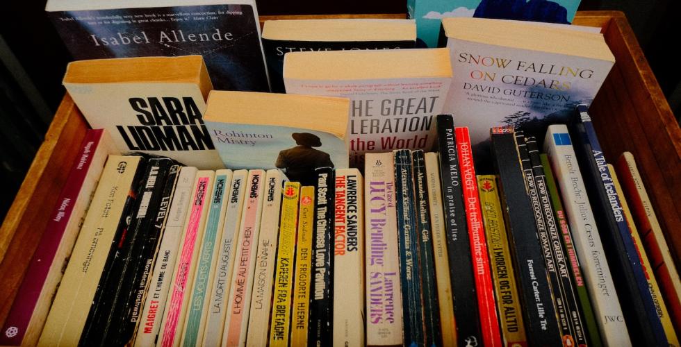 B&oslash;ker i en treboks tatt i froskeperspektiv.