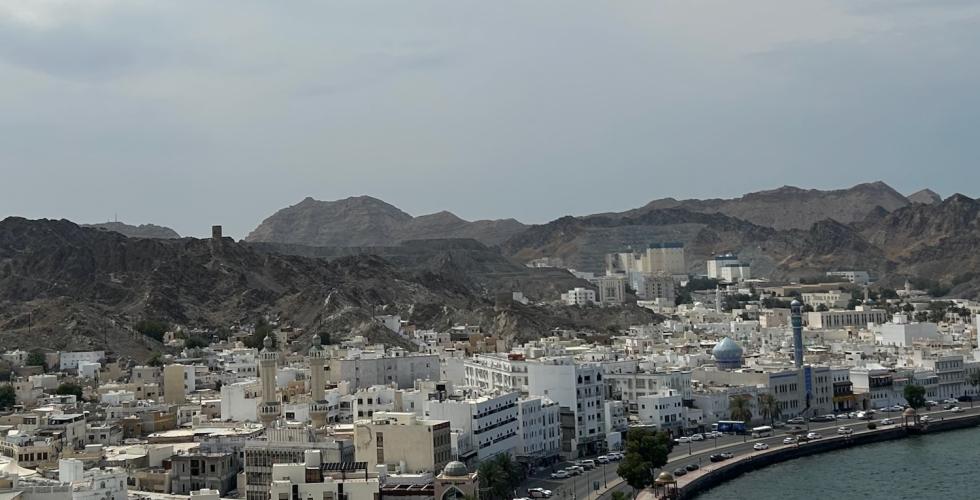 Oversiktsbilde med Muscat i forgrunnen og fjell i bakgrunnen