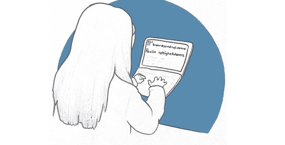 Tegning av noen som skriver p&aring; pcen. P&aring; pcen st&aring;r det Br&oslash;nn&oslash;ysundregistrene og Reelle rettighetshavere. 