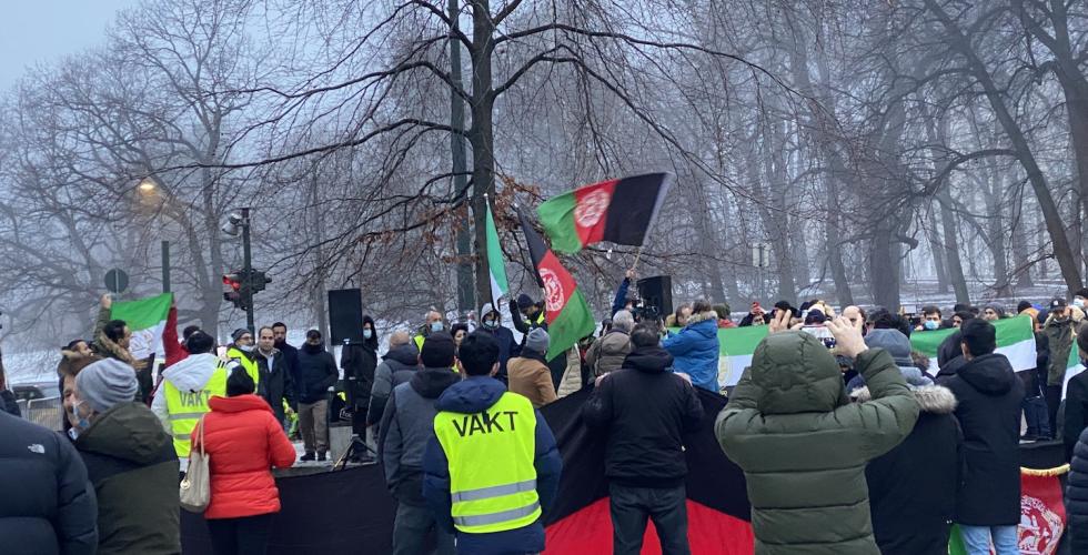 Demonstranter er fotografert bakfra og holder flagg og plakater på en demonstrasjon