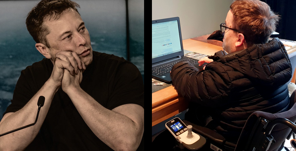 Et bilde satt sammen av to separate bilder. Et bilde av Elon Musk til venstre, et bilde av Håkon Bjar i rullestol til høyre. 