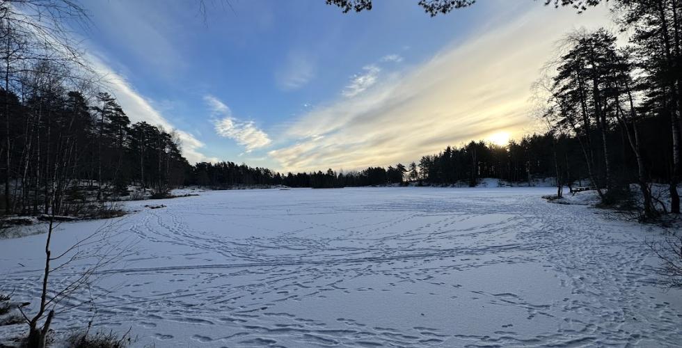 Et is-og snølagt Vesletjern med solen i bakgrunnen. 