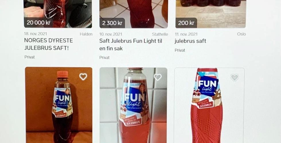 Bilete av annonser med julebrussaft på Finn.no. 