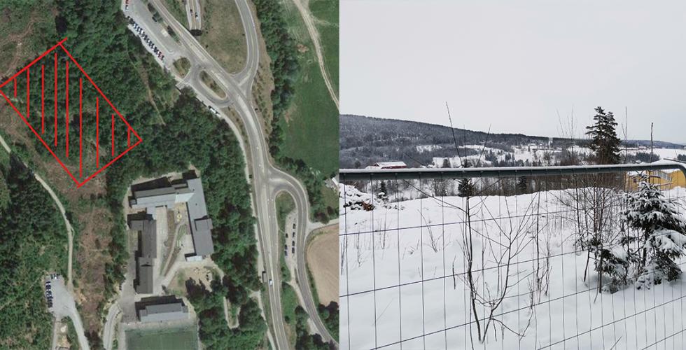 To bilder ved siden av hverandre. Til venstre er et satellittbilde av Slattum Skole med et skravert område der Slattumhallen skal ligge. Til høyre er et bilde på bakkenivå med et gjerde i forgrunnen og et hogstfelt der hallen skal bygges.