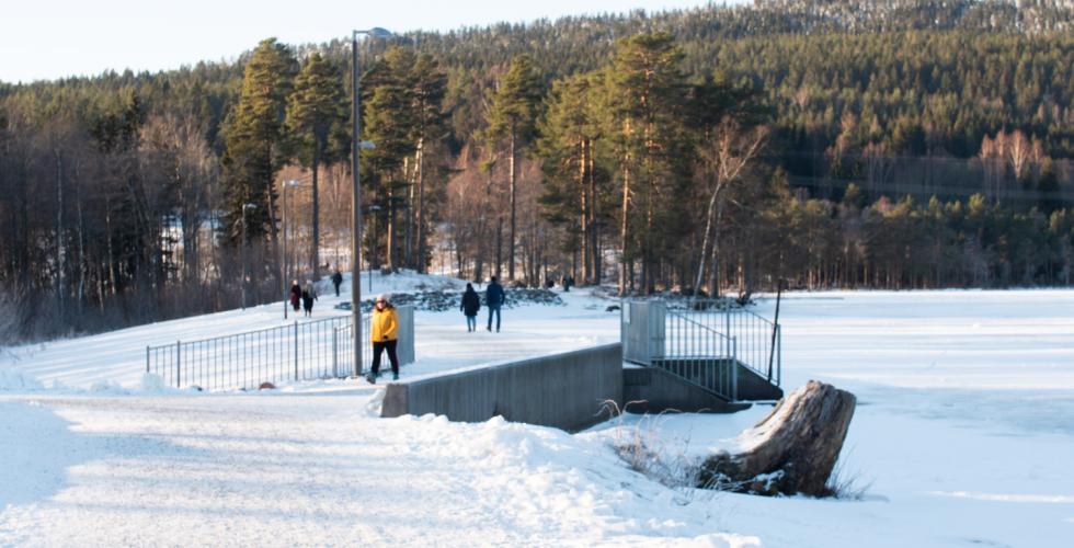 Folk som går på Sognsvann. Kaldt og snø ute. Sti til venstre, vannet til høyre