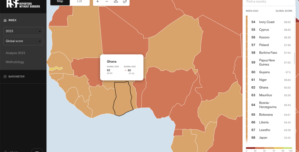Kart over Afrika viser at pressefriheten i Ghana har gått ned fra ca. 67,5 til ca. 66 på indeksen til Reportere uten grenser