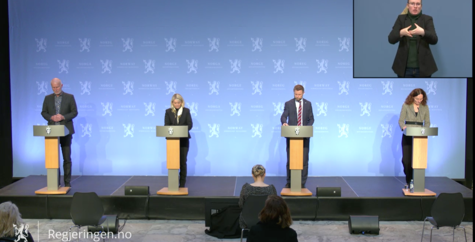 Pressekonferanse om koronasituasjonen med Bjørn Guldevog, Monica Mæland, Bent Høie og Camilla Stoltenberg. 