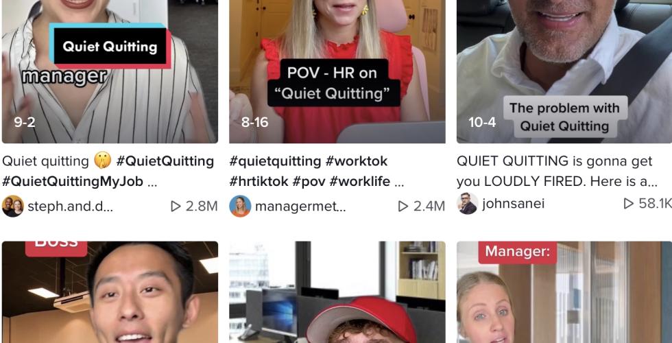 Skjermdump fra Tiktok viser at det pågår en stor debatt om quiet quitting i arbeidslivet. 