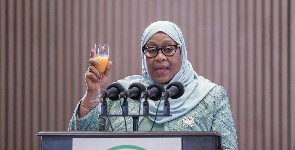 Første kvinnelige president Samia Hassan Suluhu av Tanzania poserer for kameraet