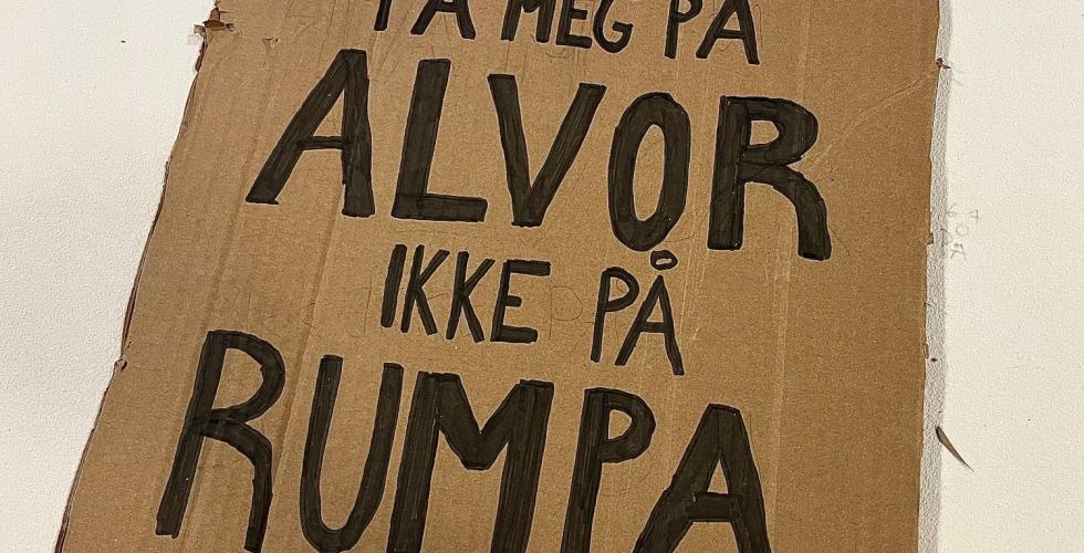 Bildet viser tursmarkert papp hvor det står "Ta meg på alvor ikke på rumpa"