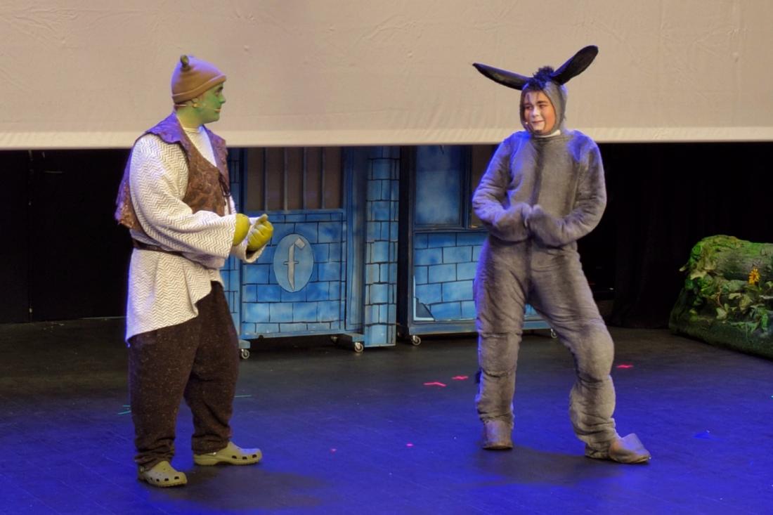 Shrek og eselet synger til hverandre p&aring; scenen