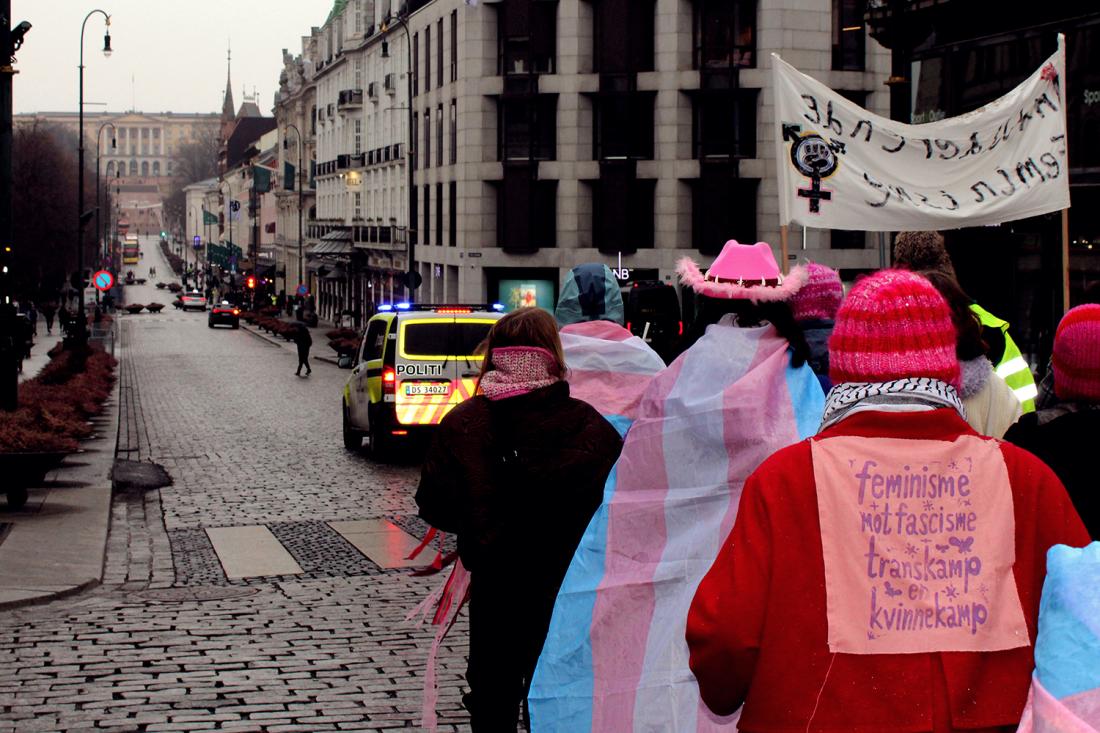 Tog g&aring;r mot slottet, en person har tekst p&aring; ryggen sin der det st&aring;r feminisme mot facisme - transkamp er kvinnekamp